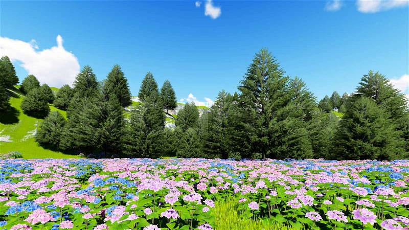 Mountain lawn flowers 3D render, stock photo