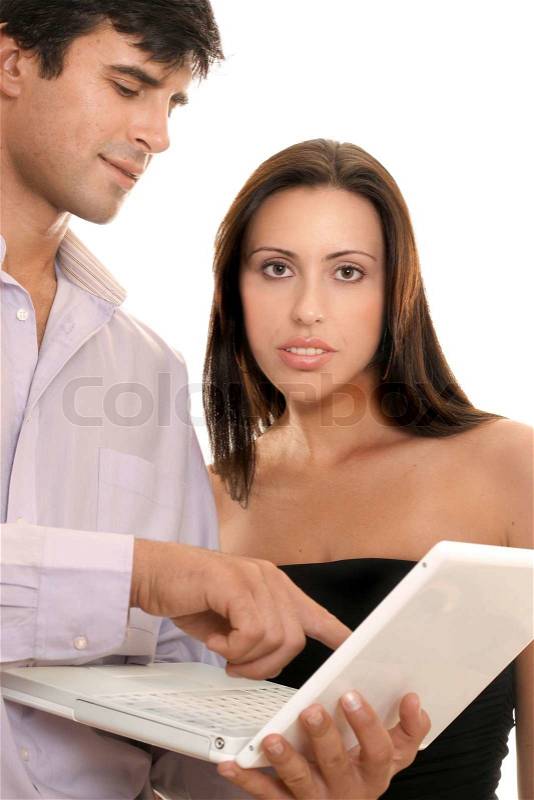 Some handsome people around a laptop computer on a white background, stock photo