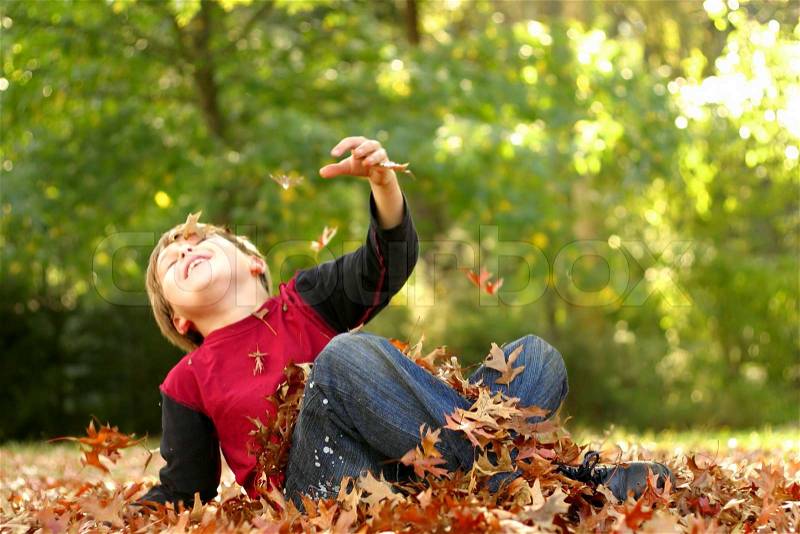 A happy playful child falls backwards in autumn foliage, stock photo
