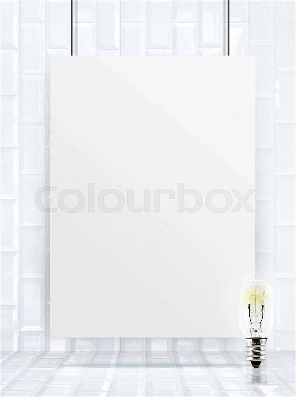 Hanging paper poster frame at ceramic tiles wall and floor,Mock up for add your content,business presentation template, stock photo