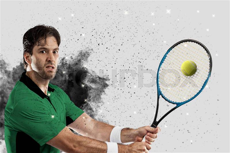 Tennis Player with a green uniform coming out of a blast of smoke , stock photo