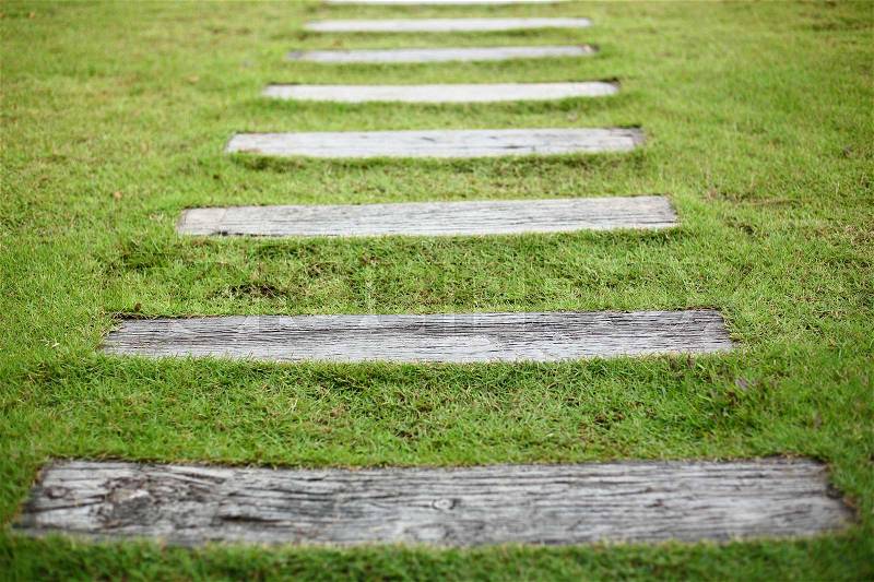 Concrete pathway pavement step on green grass front yard garden, stock photo