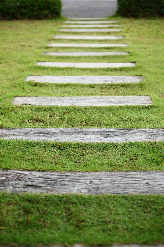 Concrete pathway pavement step on green grass front yard garden, stock photo
