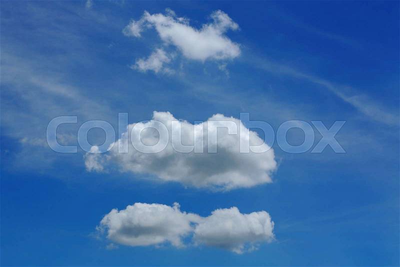 Fluffy white cloud on clear blue sky, cloudy weather background, stock photo