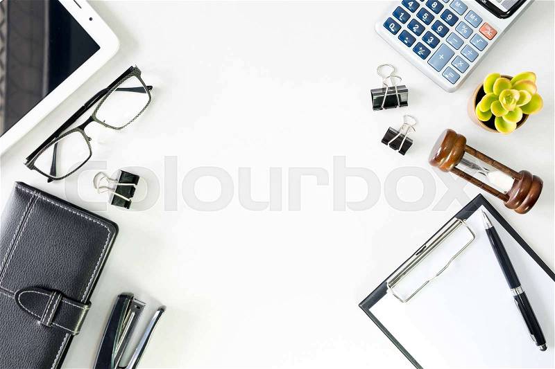Top view business office desk with copy space hero header image on white background, stock photo