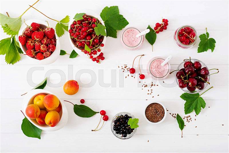 Yogurt with berries. Summer Breakfast. Healthy breakfast. Fitness food. Proper nutrition. Top view. Flat lay, stock photo