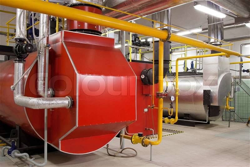 Gas boilers in gas boiler room for steam production, stock photo