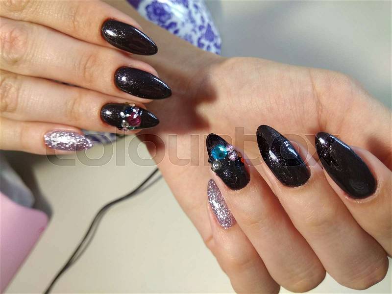 Gentle manicure nail design gel with lacquer, stock photo