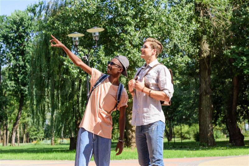 African american man pointing away while standing with friend in summer park, stock photo