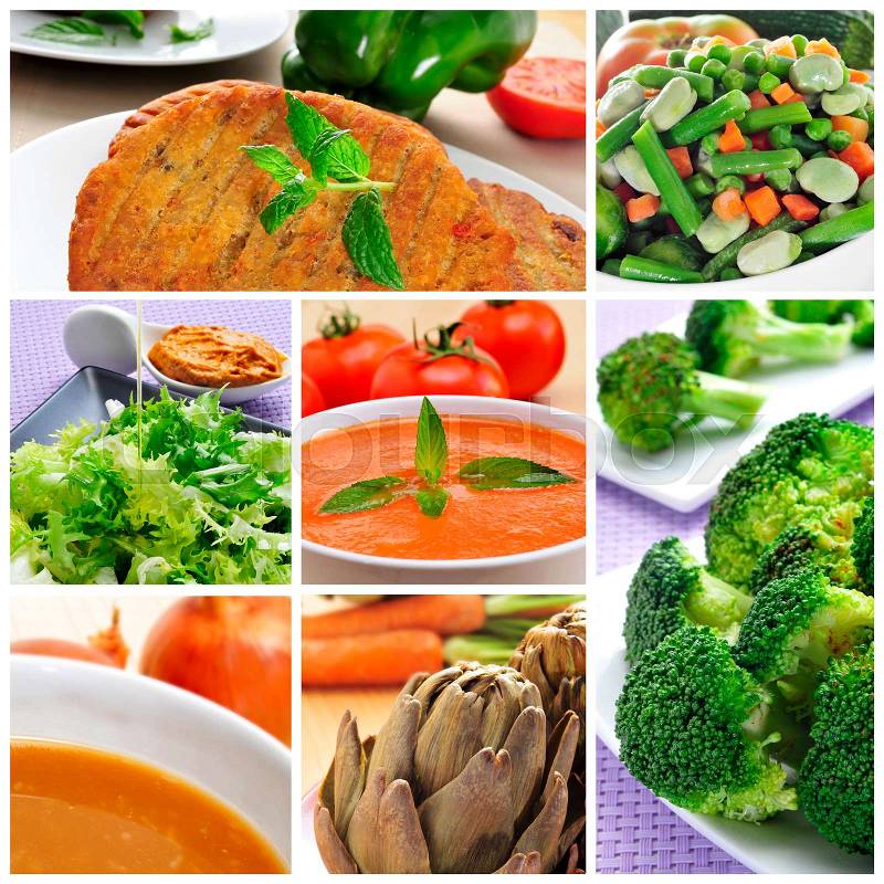 A collage of different vegan meals, such as veggie burgers, gazpacho, onion soup or broccoli, stock photo