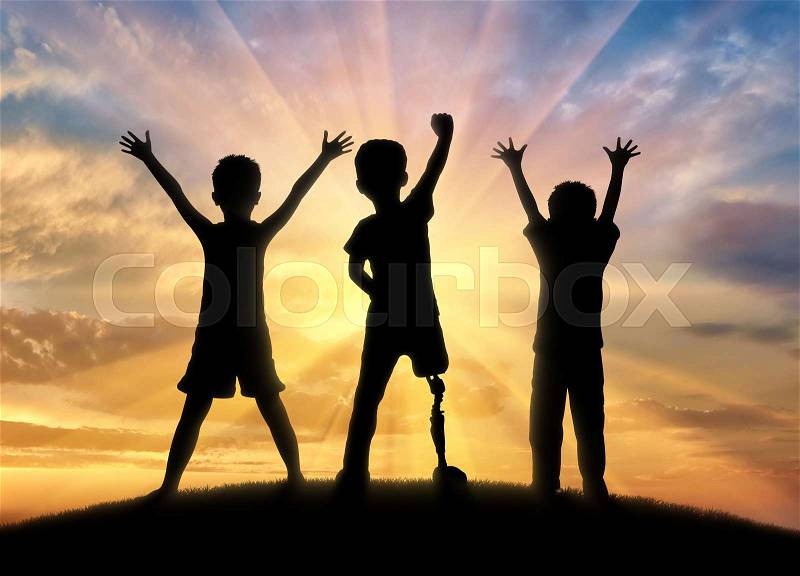 Childhood children with disabilities concept. Happy disabled boy with a prosthetic leg standing among his friends, on top of a hill, stock photo
