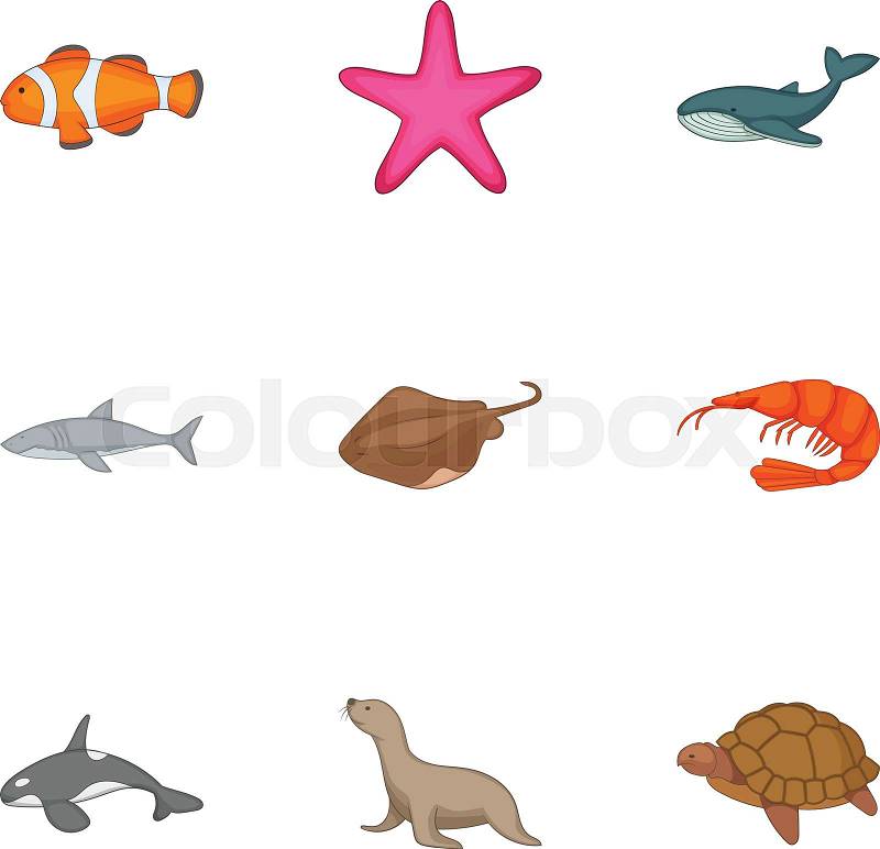 Underwater animals icons set. Cartoon set of 9 underwater animals vector icons for web isolated on white background, vector
