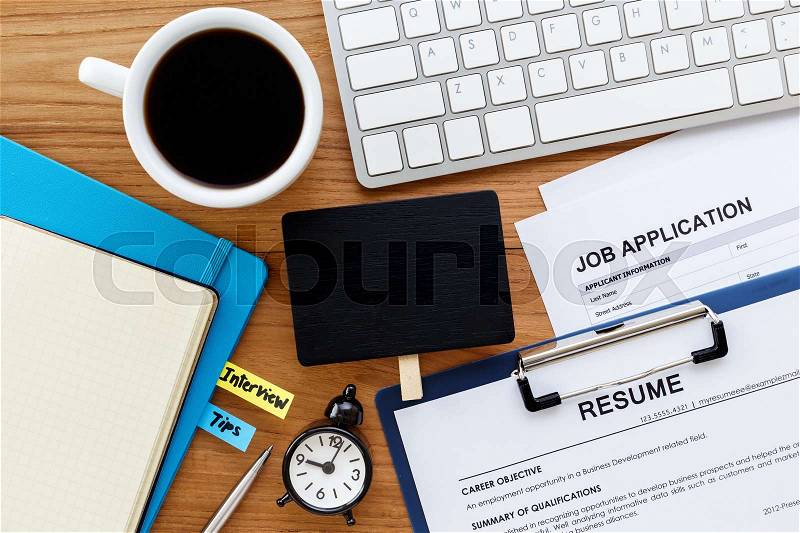 Job search with blank sign and resume job application on computer work desk, stock photo