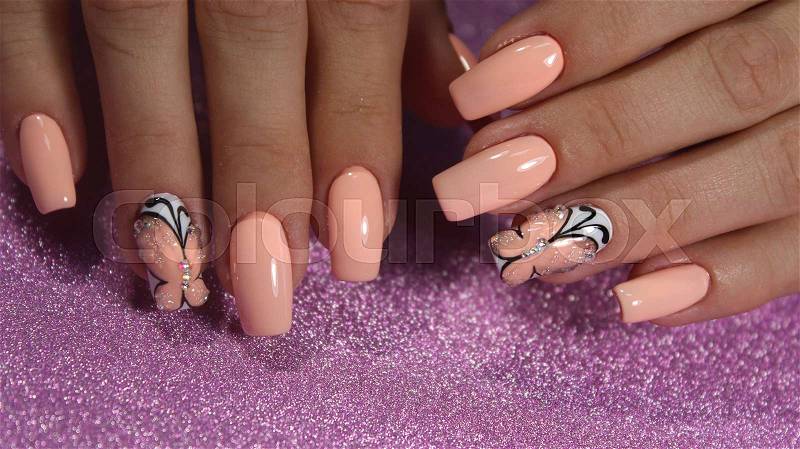 Gentle manicure nail design gel with lacquer, stock photo