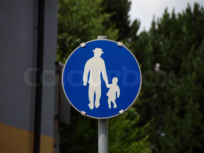 Isolated Blue Pedestrian Traffic Sign with Man and Child, stock photo