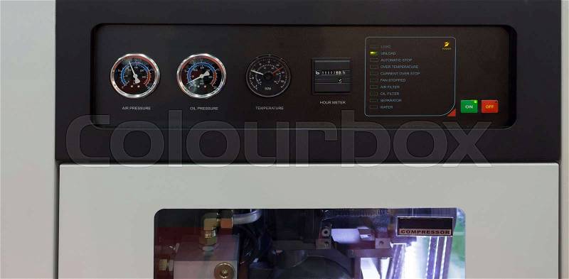 Control panel of industrial air compressor;maintenance facility, stock photo