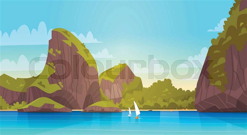 Sea Landscape Beautiful Asian Beach With Mountain Coast Seaside View Summer Seascape Flat Vector Illustration, vector