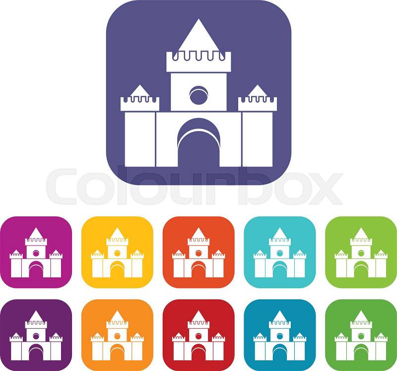 Fairytale castle icons set vector illustration in flat style in colors red, blue, green, and other, vector