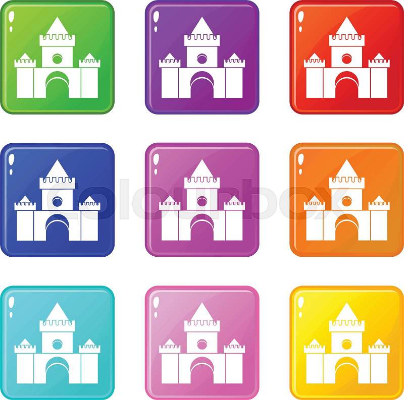 Fairytale castle icons of 9 color set isolated vector illustration, vector