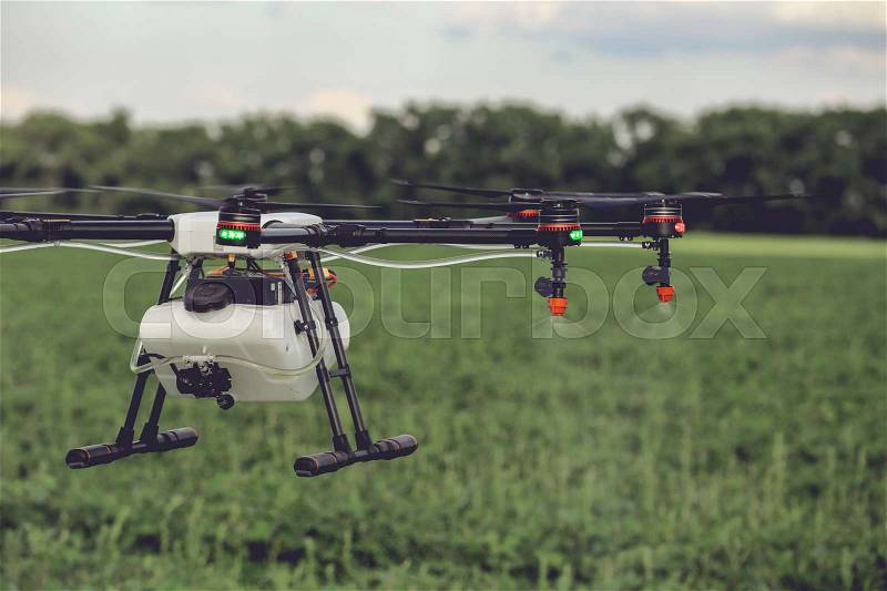Closeup view of agriculture drone spraying water fertilizer on the green field. Drones spraying pesticides to grow potatoes, stock photo