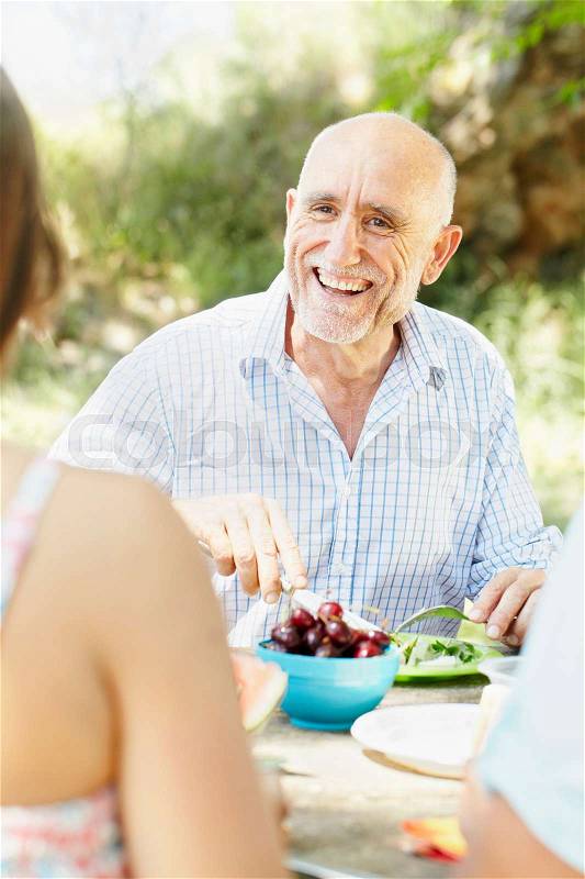 Smiling older man at picnic table, stock photo