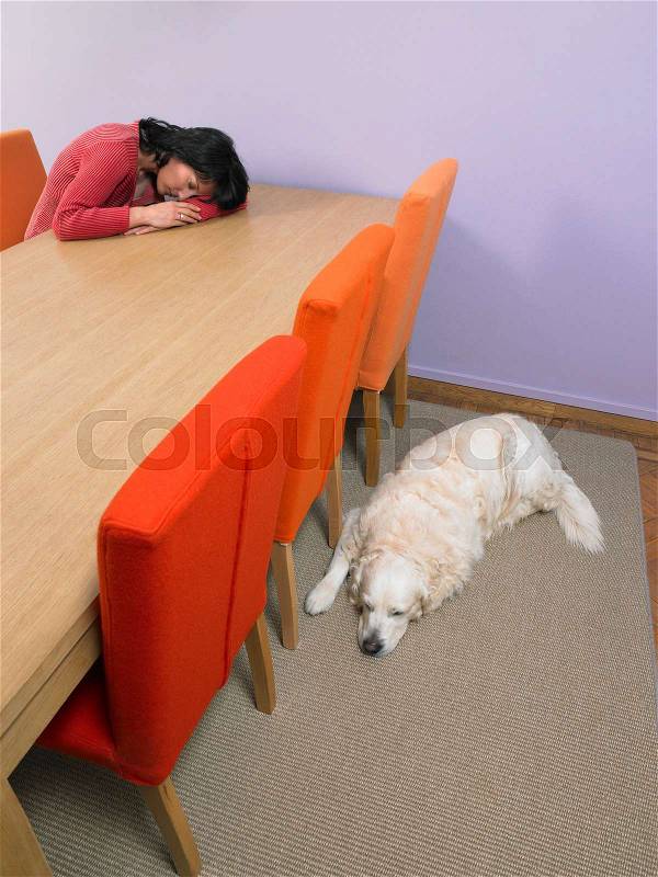 Sleeping woman and sleeping dog, stock photo