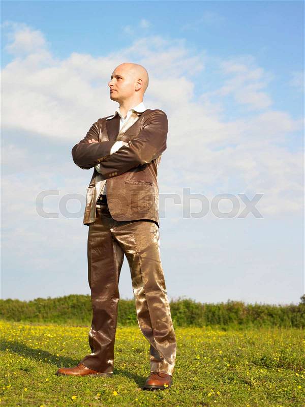 Man in gold suit standing in field, stock photo