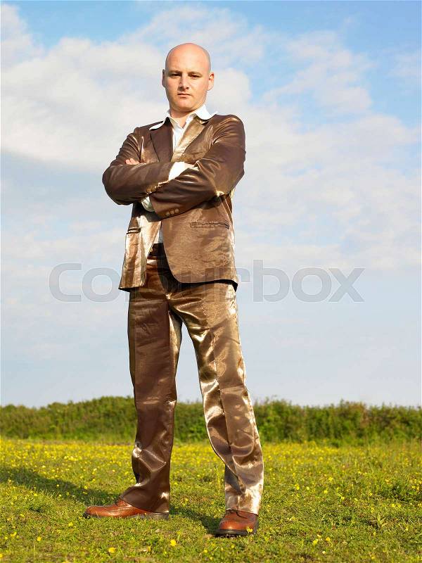Man in gold suit standing in field, stock photo
