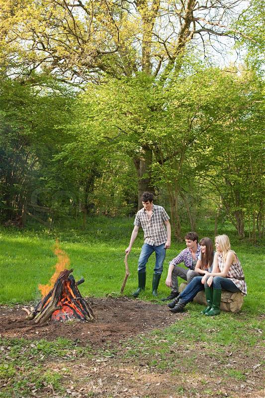 Friends by campfire, stock photo