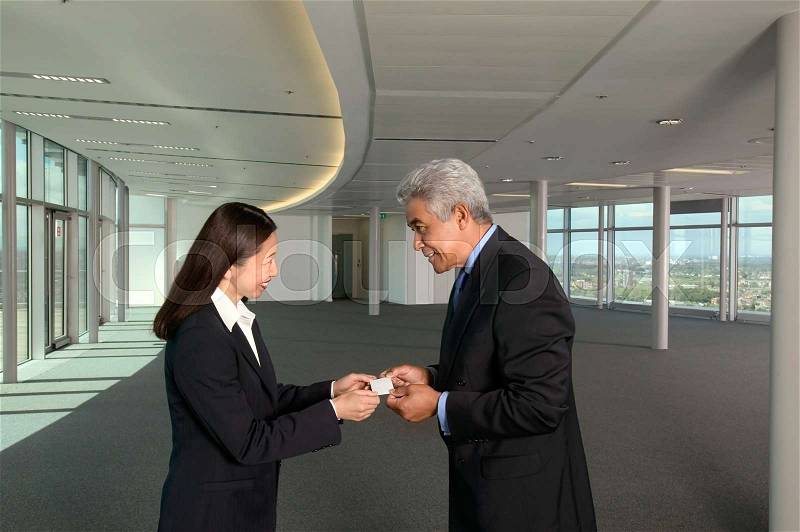 Businesspeople exchanging business cards, stock photo