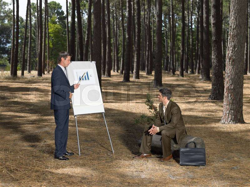 Businessmen holding meeting in forest, stock photo
