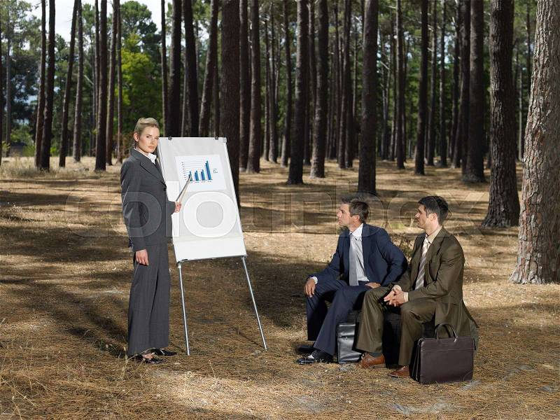 Office workers holding meeting in forest, stock photo