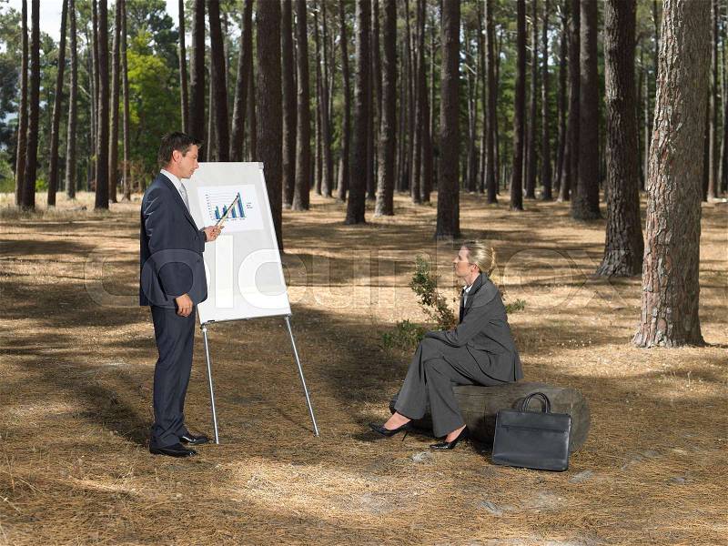 Office workers holding a meeting in forest, stock photo