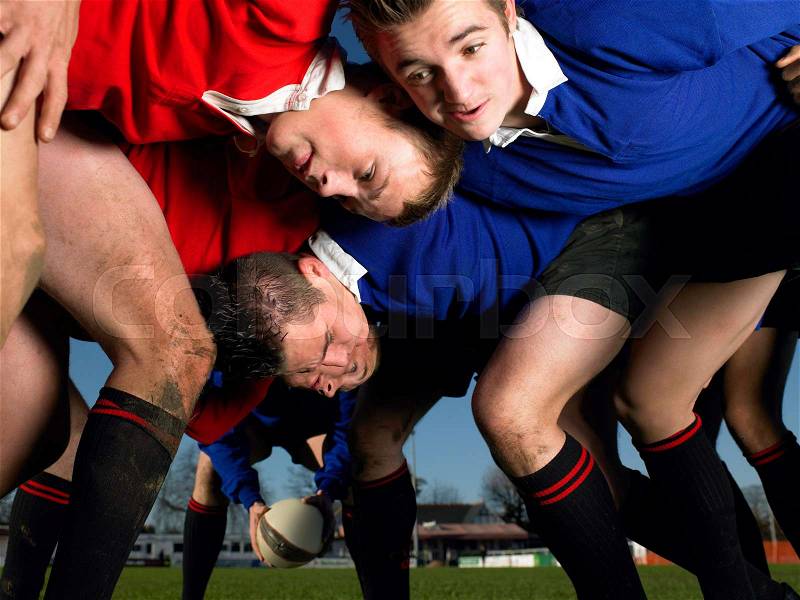 Rugby players in a scrum, stock photo