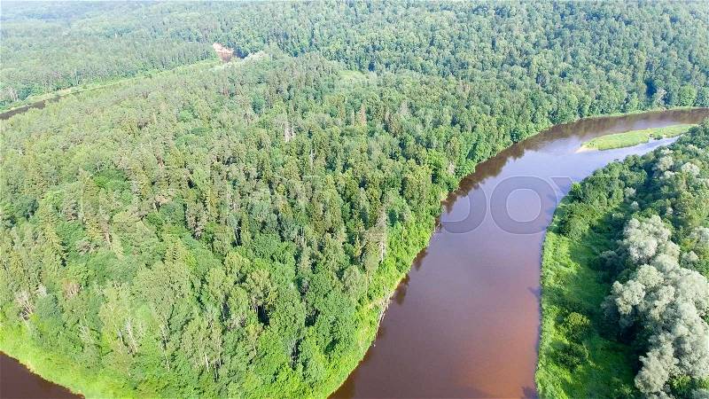Overhead view of river across the forest, stock photo