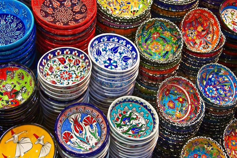 Classical Turkish ceramics on the market, stock photo