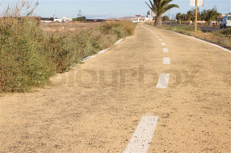Dirty road. Off road, spring dry grass. Desert, palm, ground, stone way, stock photo