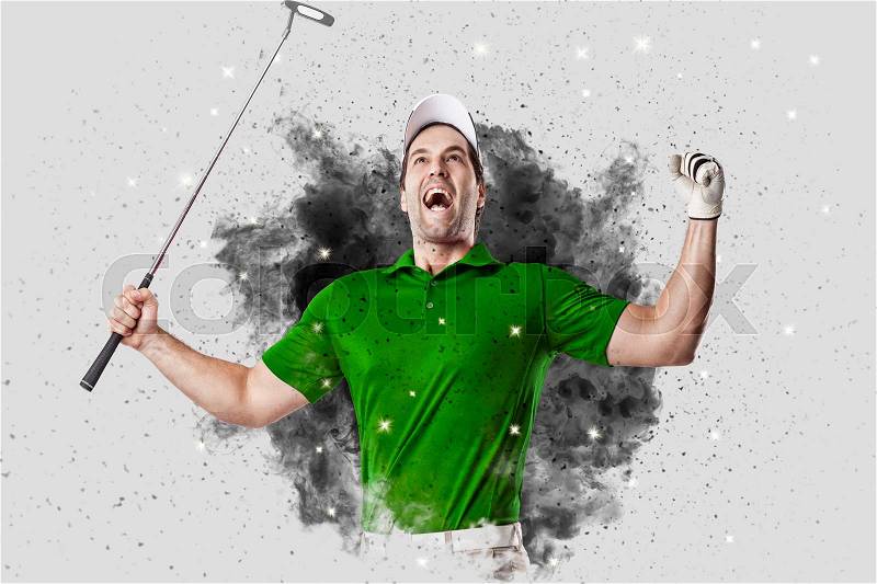 Golf Player with a green uniform coming out of a blast of smoke , stock photo