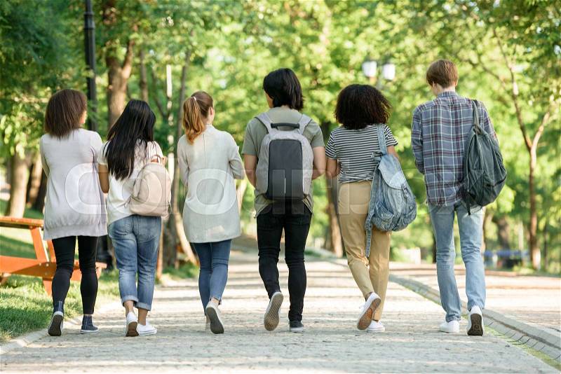 Back view image of multiethnic group of young students walking while talking, stock photo