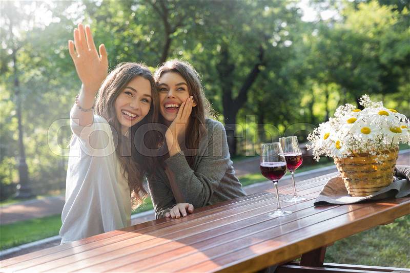 Picture of happy young two women sitting outdoors in park drinking wine. Looking camera and waving, stock photo