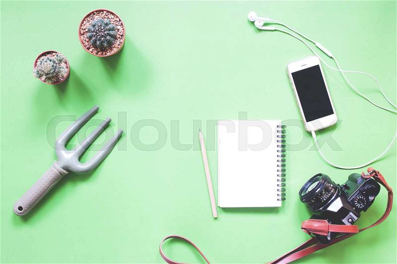 Flat lay of greeney with cactus, smartphone, notebook and camera, stock photo