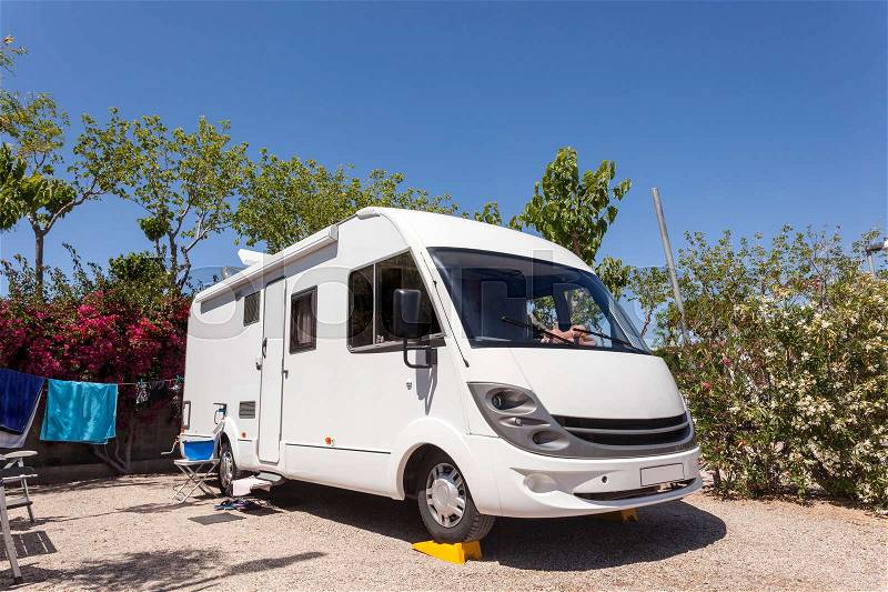 Motor home recreational vehicle on a camping site in southern Spain, stock photo
