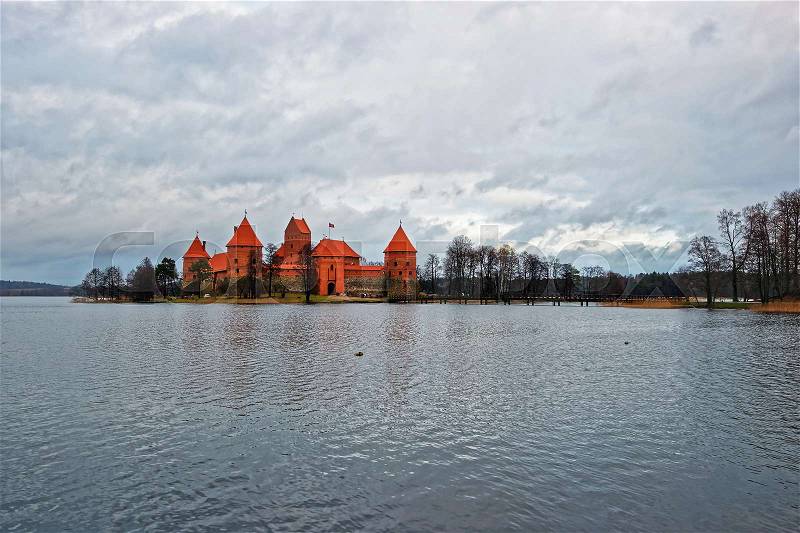 Trakai, Lithuania - January 3, 2012: Trakai castle museum and Galve Lake at the day time, near Vilnius, Lithuania, stock photo