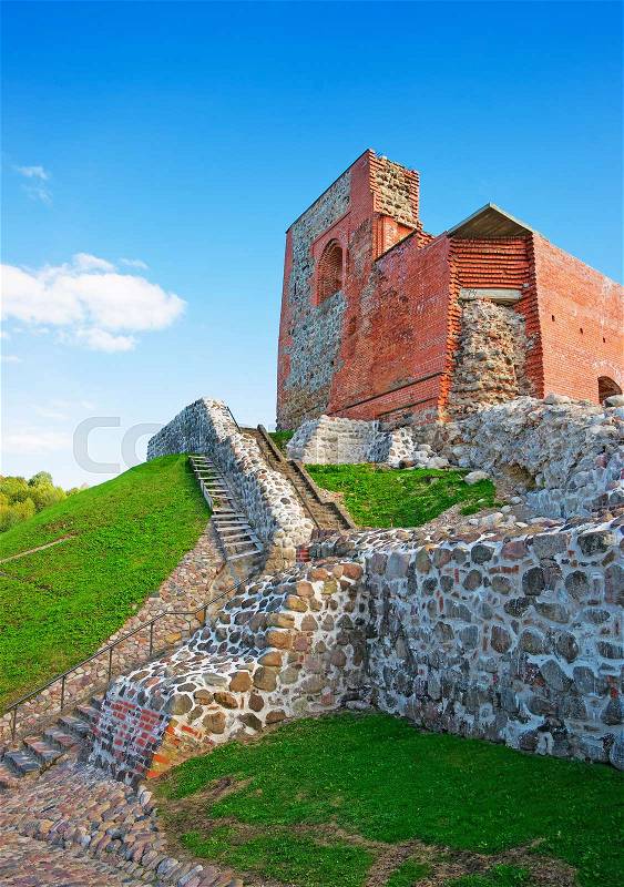 Ruins of the keep of the Upper Castle on the hill at the historic center of the old town of Vilnius, Lithuania, Baltic country, stock photo