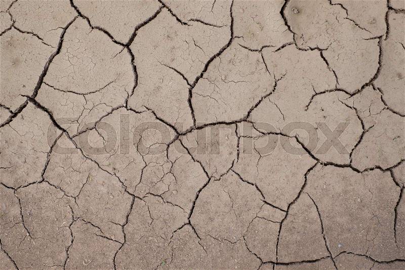 Cracked and barren grey ground. Hot summer, stock photo