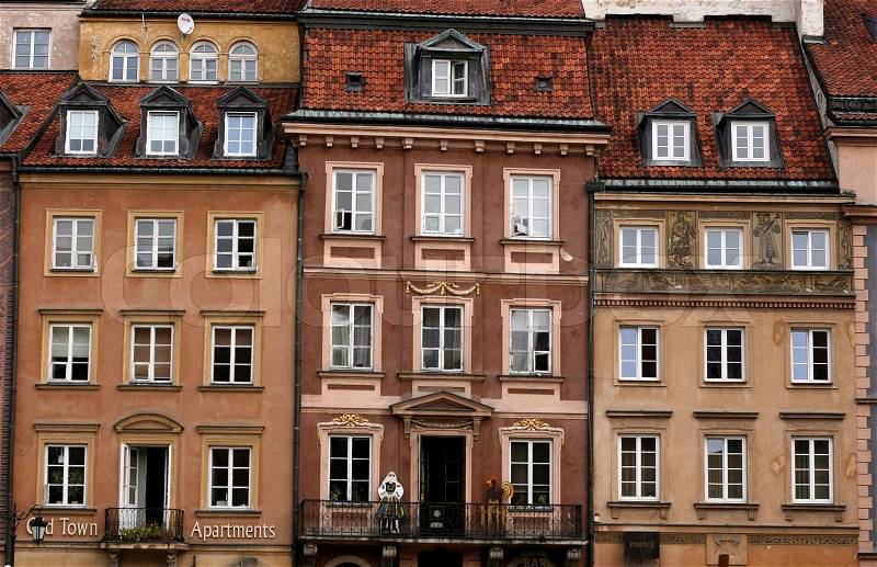 Row of houses on the central square of Warsaw, Poland, stock photo