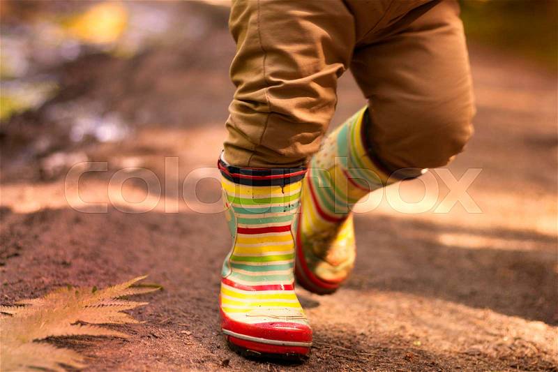 Little boy in rubber boots walking in the forest. Autumn concept, stock photo