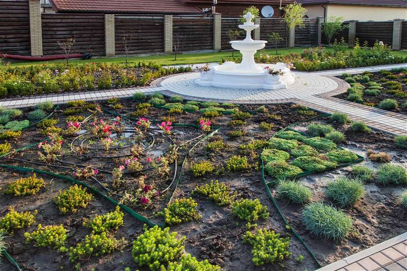 Yard with a fountain and fresh planted plants, drip irrigation, stone paths, wooden fence, stock photo
