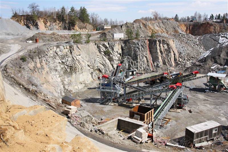 Belt conveyors and mining equipment in a quarry, stock photo