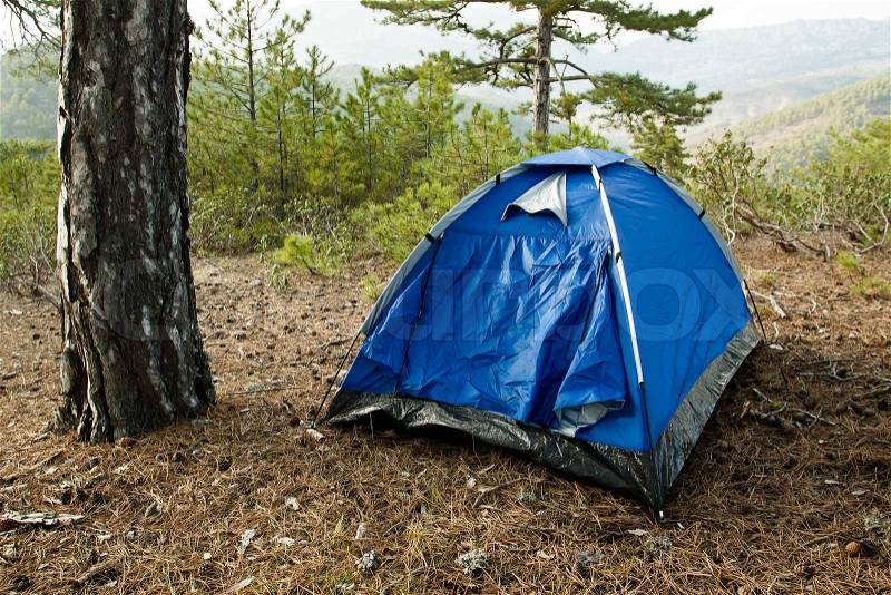 Camping tent in forest, travel background, stock photo